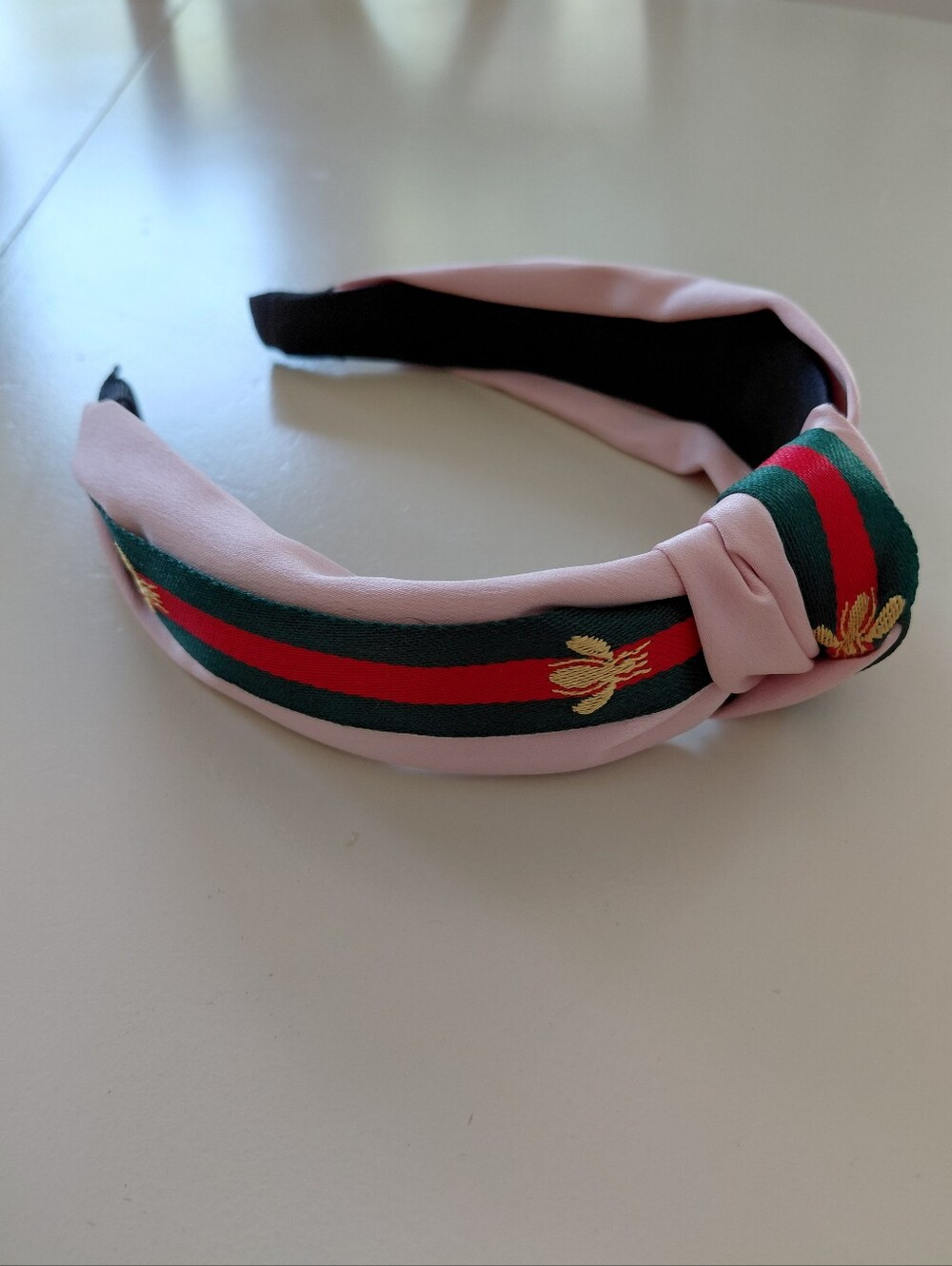 Silk-Inspired Knot Headband with Green & Red Stripes with gold bee